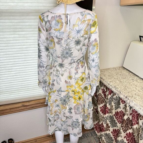 Cupcakes and Cashmere Floral Chiffon Tiered Lined Long Sleeve Midi Dress Size 4 - Picture 13 of 15